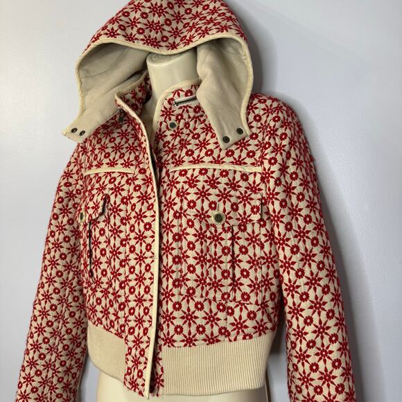 Free People Wool Blend Embroidered Crop Bomber Jacket Hooded Red Boho Women's M - Picture 8 of 16
